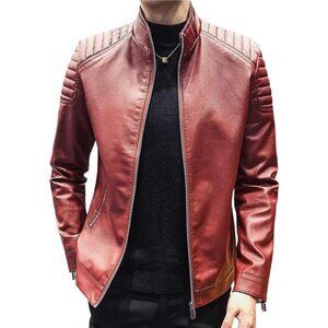 Mens Casual Stand Collar Slim Fit Faux Leather Jacket Biker Motorcycle Jacket